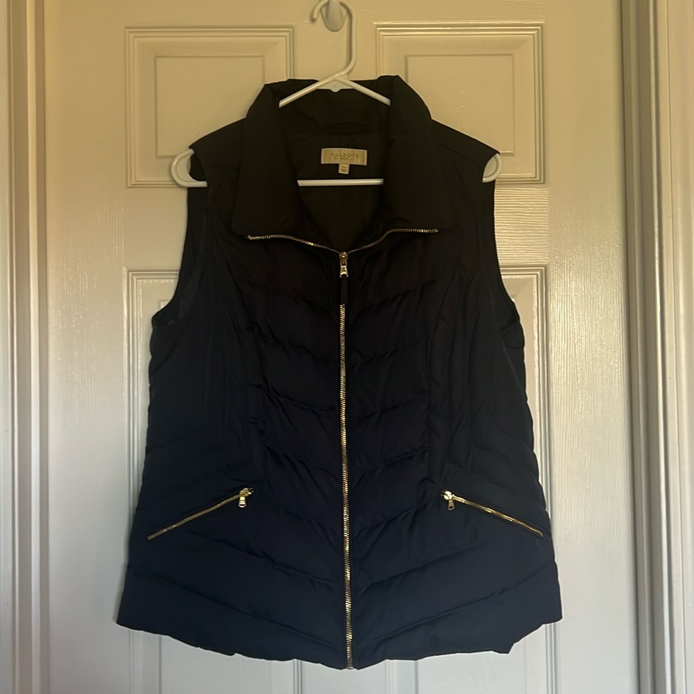 Dark Blue Down Vest Talbots L Petite Gold Zippers